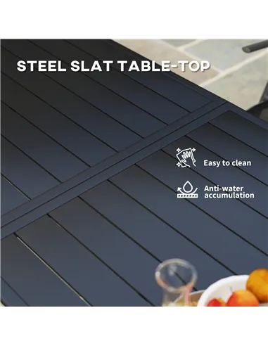 Outsunny Rectangle Garden Table with Slat Top, Steel Frame, Outdoor Table for 6 Person, 150 x 80 x 74 cm, Black