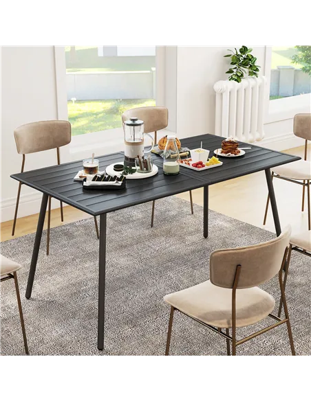 Outsunny Rectangle Garden Table with Slat Top, Steel Frame, Outdoor Table for 6 Person, 150 x 80 x 74 cm, Black