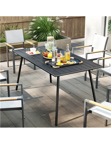 Outsunny Rectangle Garden Table with Slat Top, Steel Frame, Outdoor Table for 6 Person, 150 x 80 x 74 cm, Black