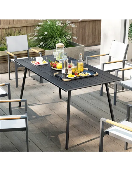 Outsunny Rectangle Garden Table with Slat Top, Steel Frame, Outdoor Table for 6 Person, 150 x 80 x 74 cm, Black
