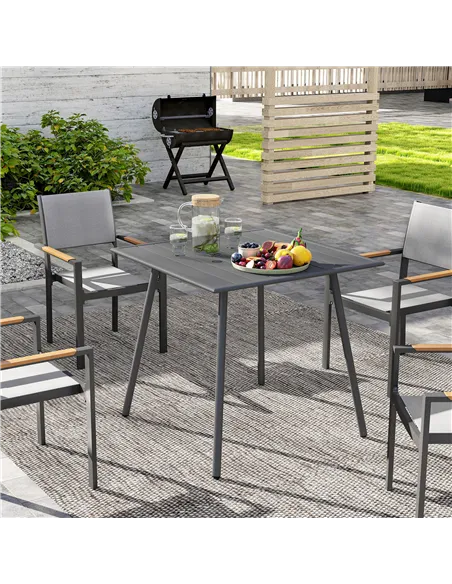 Outsunny Square Garden Table with Slat Top, Steel Frame, Outdoor Table for 4 Person, 80 x 80 x 74 cm, Grey