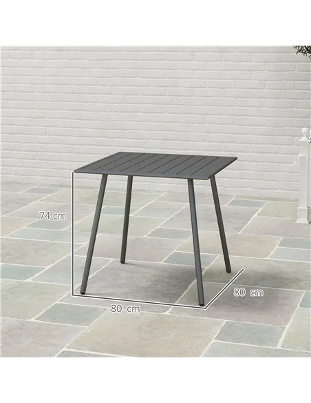 Outsunny Square Garden Table with Slat Top, Steel Frame, Outdoor Table for 4 Person, 80 x 80 x 74 cm, Grey