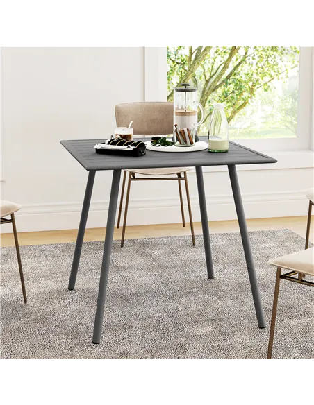 Outsunny Square Garden Table with Slat Top, Steel Frame, Outdoor Table for 4 Person, 80 x 80 x 74 cm, Grey