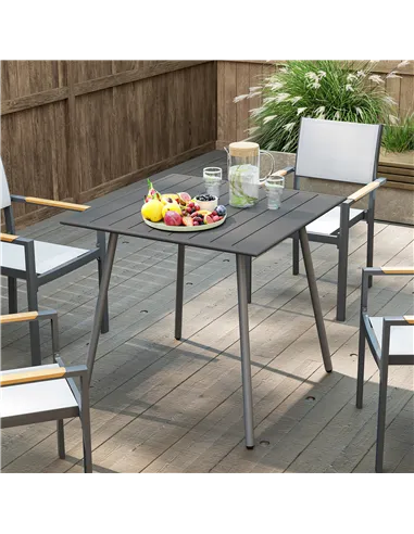 Outsunny Square Garden Table with Slat Top, Steel Frame, Outdoor Table for 4 Person, 80 x 80 x 74 cm, Grey