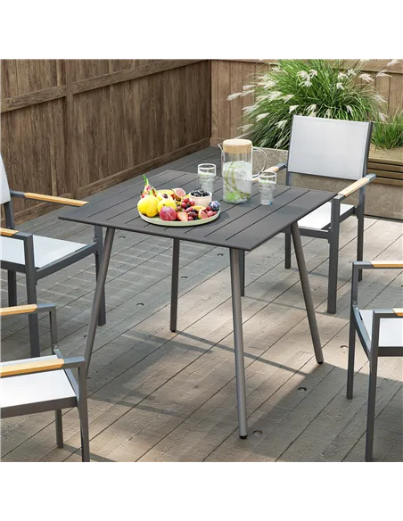 Outsunny Square Garden Table with Slat Top, Steel Frame, Outdoor Table for 4 Person, 80 x 80 x 74 cm, Grey