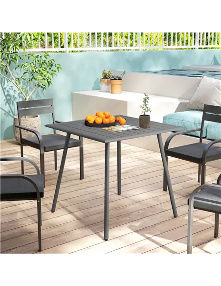 Outsunny Square Garden Table with Slat Top, Steel Frame, Outdoor Table for 4 Person, 80 x 80 x 74 cm, Grey
