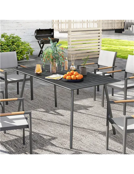 Outsunny Rectangle Garden Table with Slat Top, Steel Frame, Outdoor Table for 6 Person, 150 x 80 x 74 cm, Grey