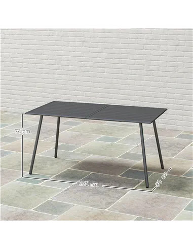 Outsunny Rectangle Garden Table with Slat Top, Steel Frame, Outdoor Table for 6 Person, 150 x 80 x 74 cm, Grey