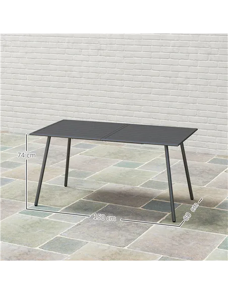 Outsunny Rectangle Garden Table with Slat Top, Steel Frame, Outdoor Table for 6 Person, 150 x 80 x 74 cm, Grey