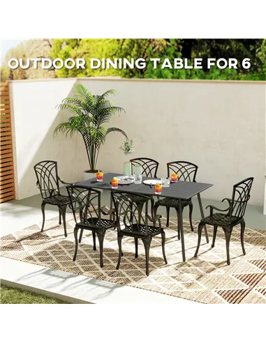 Outsunny Rectangle Garden Table with Slat Top, Steel Frame, Outdoor Table for 6 Person, 150 x 80 x 74 cm, Grey