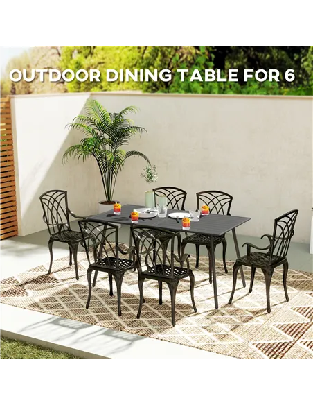 Outsunny Rectangle Garden Table with Slat Top, Steel Frame, Outdoor Table for 6 Person, 150 x 80 x 74 cm, Grey