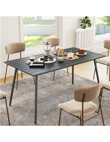 Outsunny Rectangle Garden Table with Slat Top, Steel Frame, Outdoor Table for 6 Person, 150 x 80 x 74 cm, Grey