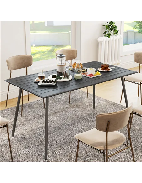 Outsunny Rectangle Garden Table with Slat Top, Steel Frame, Outdoor Table for 6 Person, 150 x 80 x 74 cm, Grey