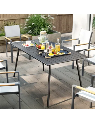 Outsunny Rectangle Garden Table with Slat Top, Steel Frame, Outdoor Table for 6 Person, 150 x 80 x 74 cm, Grey