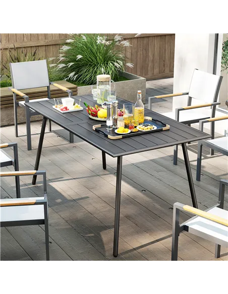Outsunny Rectangle Garden Table with Slat Top, Steel Frame, Outdoor Table for 6 Person, 150 x 80 x 74 cm, Grey