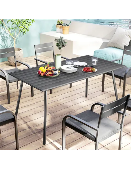 Outsunny Rectangle Garden Table with Slat Top, Steel Frame, Outdoor Table for 6 Person, 150 x 80 x 74 cm, Grey