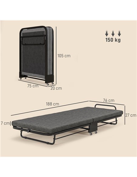 HOMCOM Single Temporary Folding Bed - Grey