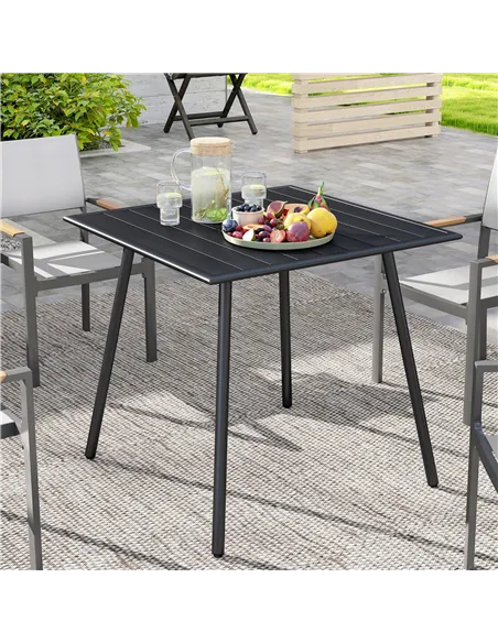 Outsunny Square Garden Table with Slat Top, Steel Frame, Outdoor Table for 4 Person, 80 x 80 x 74 cm, Black