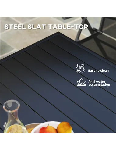 Outsunny Square Garden Table with Slat Top, Steel Frame, Outdoor Table for 4 Person, 80 x 80 x 74 cm, Black