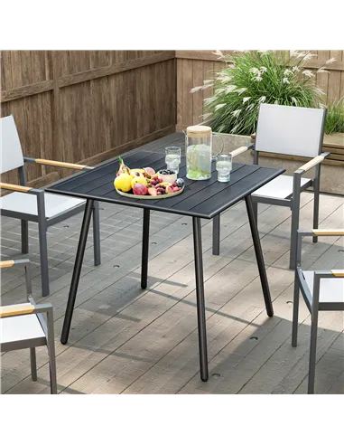 Outsunny Square Garden Table with Slat Top, Steel Frame, Outdoor Table for 4 Person, 80 x 80 x 74 cm, Black
