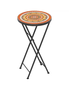 Outsunny Mosaic Outdoor Garden Table, 35.5cm Round Folding Coffee Table with Metal Frame for Balcony Terrace, Orange