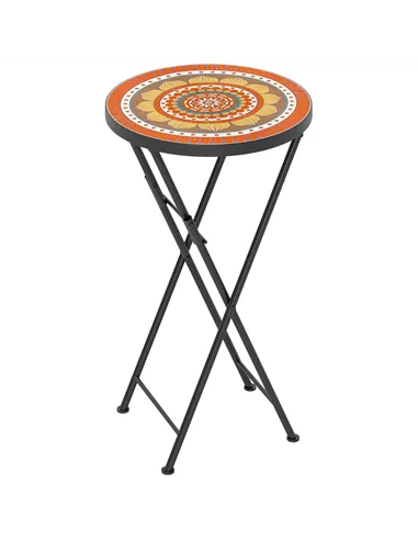 Outsunny Mosaic Outdoor Garden Table, 35.5cm Round Folding Coffee Table with Metal Frame for Balcony Terrace, Orange