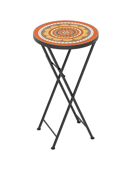 Outsunny Mosaic Outdoor Garden Table, 35.5cm Round Folding Coffee Table with Metal Frame for Balcony Terrace, Orange