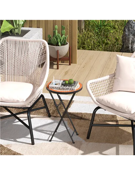 Outsunny Mosaic Outdoor Garden Table, 35.5cm Round Folding Coffee Table with Metal Frame for Balcony Terrace, Orange