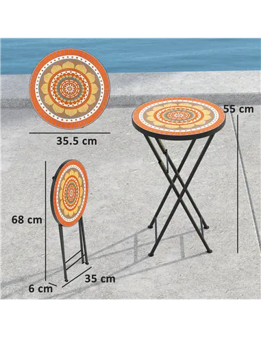 Outsunny Mosaic Outdoor Garden Table, 35.5cm Round Folding Coffee Table with Metal Frame for Balcony Terrace, Orange