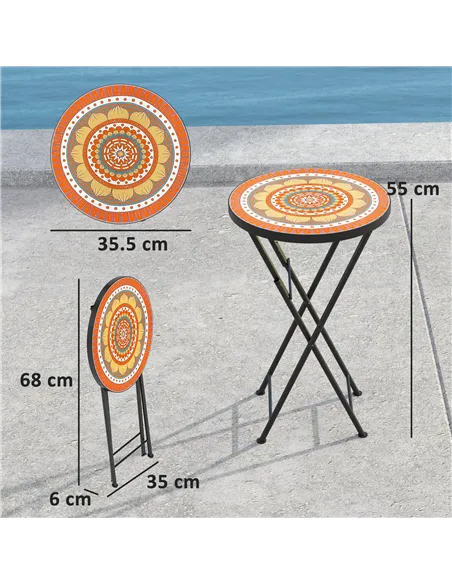 Outsunny Mosaic Outdoor Garden Table, 35.5cm Round Folding Coffee Table with Metal Frame for Balcony Terrace, Orange