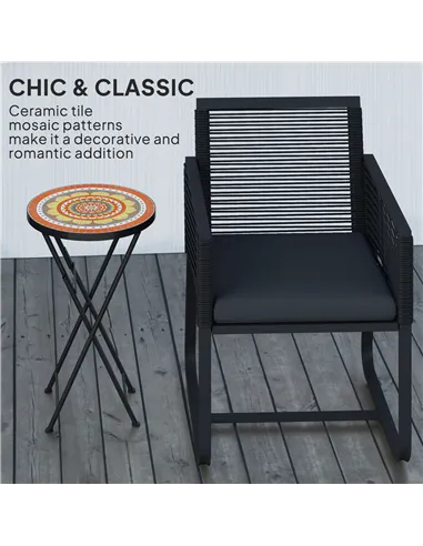 Outsunny Mosaic Outdoor Garden Table, 35.5cm Round Folding Coffee Table with Metal Frame for Balcony Terrace, Orange