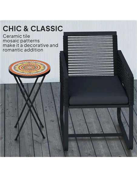Outsunny Mosaic Outdoor Garden Table, 35.5cm Round Folding Coffee Table with Metal Frame for Balcony Terrace, Orange