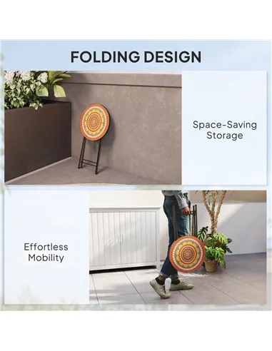 Outsunny Mosaic Outdoor Garden Table, 35.5cm Round Folding Coffee Table with Metal Frame for Balcony Terrace, Orange