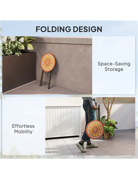 Outsunny Mosaic Outdoor Garden Table, 35.5cm Round Folding Coffee Table with Metal Frame for Balcony Terrace, Orange