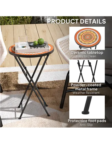 Outsunny Mosaic Outdoor Garden Table, 35.5cm Round Folding Coffee Table with Metal Frame for Balcony Terrace, Orange