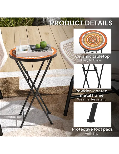 Outsunny Mosaic Outdoor Garden Table, 35.5cm Round Folding Coffee Table with Metal Frame for Balcony Terrace, Orange