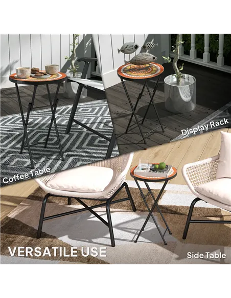 Outsunny Mosaic Outdoor Garden Table, 35.5cm Round Folding Coffee Table with Metal Frame for Balcony Terrace, Orange