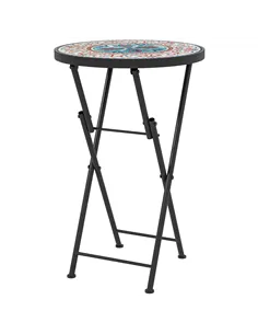 Outsunny Mosaic Outdoor Garden Table, 35.5cm Round Folding Coffee Table with Metal Frame for Balcony Terrace, Multicolour