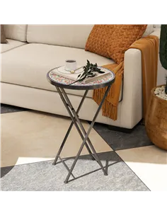 Outsunny Mosaic Outdoor Garden Table, 35.5cm Round Folding Coffee Table with Metal Frame for Balcony Terrace, Multicolour 2