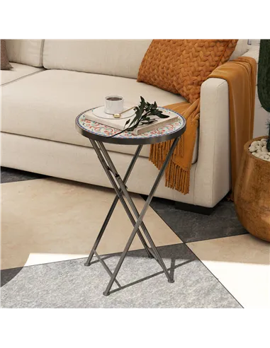 Outsunny Mosaic Outdoor Garden Table, 35.5cm Round Folding Coffee Table with Metal Frame for Balcony Terrace, Multicolour