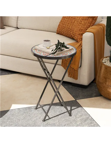 Outsunny Mosaic Outdoor Garden Table, 35.5cm Round Folding Coffee Table with Metal Frame for Balcony Terrace, Multicolour