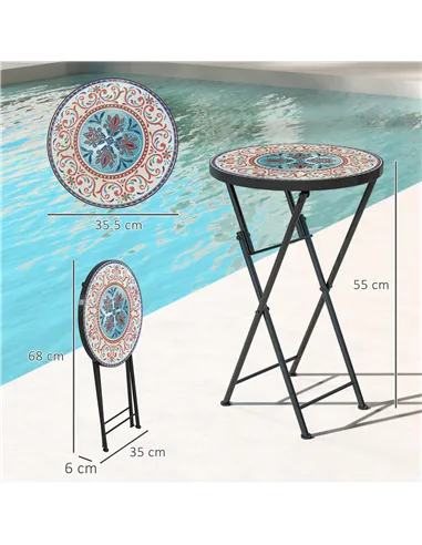 Outsunny Mosaic Outdoor Garden Table, 35.5cm Round Folding Coffee Table with Metal Frame for Balcony Terrace, Multicolour