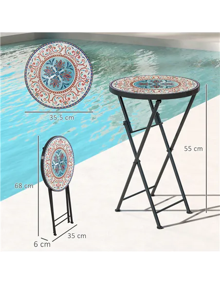 Outsunny Mosaic Outdoor Garden Table, 35.5cm Round Folding Coffee Table with Metal Frame for Balcony Terrace, Multicolour