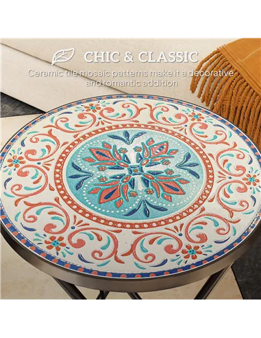 Outsunny Mosaic Outdoor Garden Table, 35.5cm Round Folding Coffee Table with Metal Frame for Balcony Terrace, Multicolour