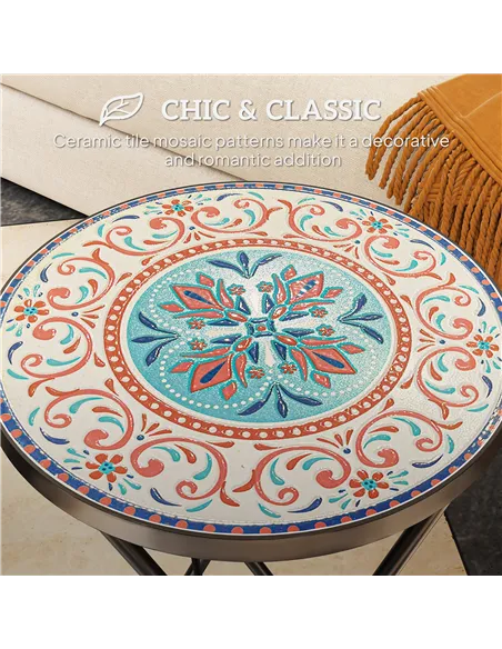 Outsunny Mosaic Outdoor Garden Table, 35.5cm Round Folding Coffee Table with Metal Frame for Balcony Terrace, Multicolour