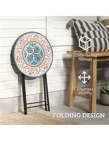 Outsunny Mosaic Outdoor Garden Table, 35.5cm Round Folding Coffee Table with Metal Frame for Balcony Terrace, Multicolour