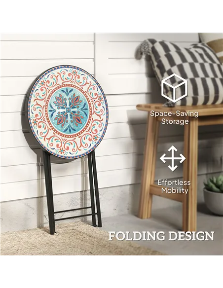 Outsunny Mosaic Outdoor Garden Table, 35.5cm Round Folding Coffee Table with Metal Frame for Balcony Terrace, Multicolour