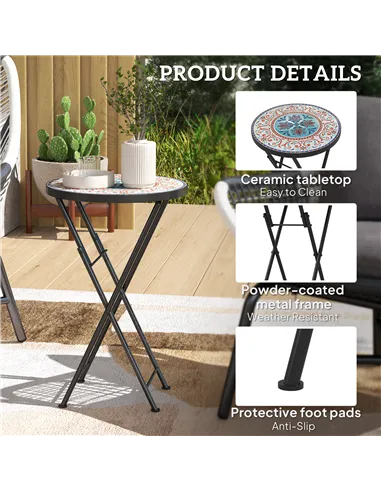 Outsunny Mosaic Outdoor Garden Table, 35.5cm Round Folding Coffee Table with Metal Frame for Balcony Terrace, Multicolour