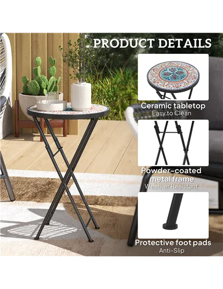 Outsunny Mosaic Outdoor Garden Table, 35.5cm Round Folding Coffee Table with Metal Frame for Balcony Terrace, Multicolour