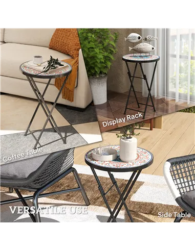 Outsunny Mosaic Outdoor Garden Table, 35.5cm Round Folding Coffee Table with Metal Frame for Balcony Terrace, Multicolour